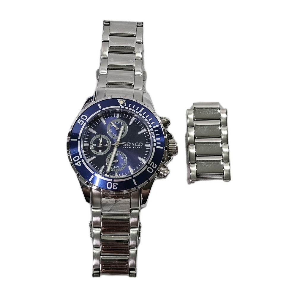 SO&CO Quartz Watch Men 100m Screwdown Crown Rotating Bezel Blue Need New Battery